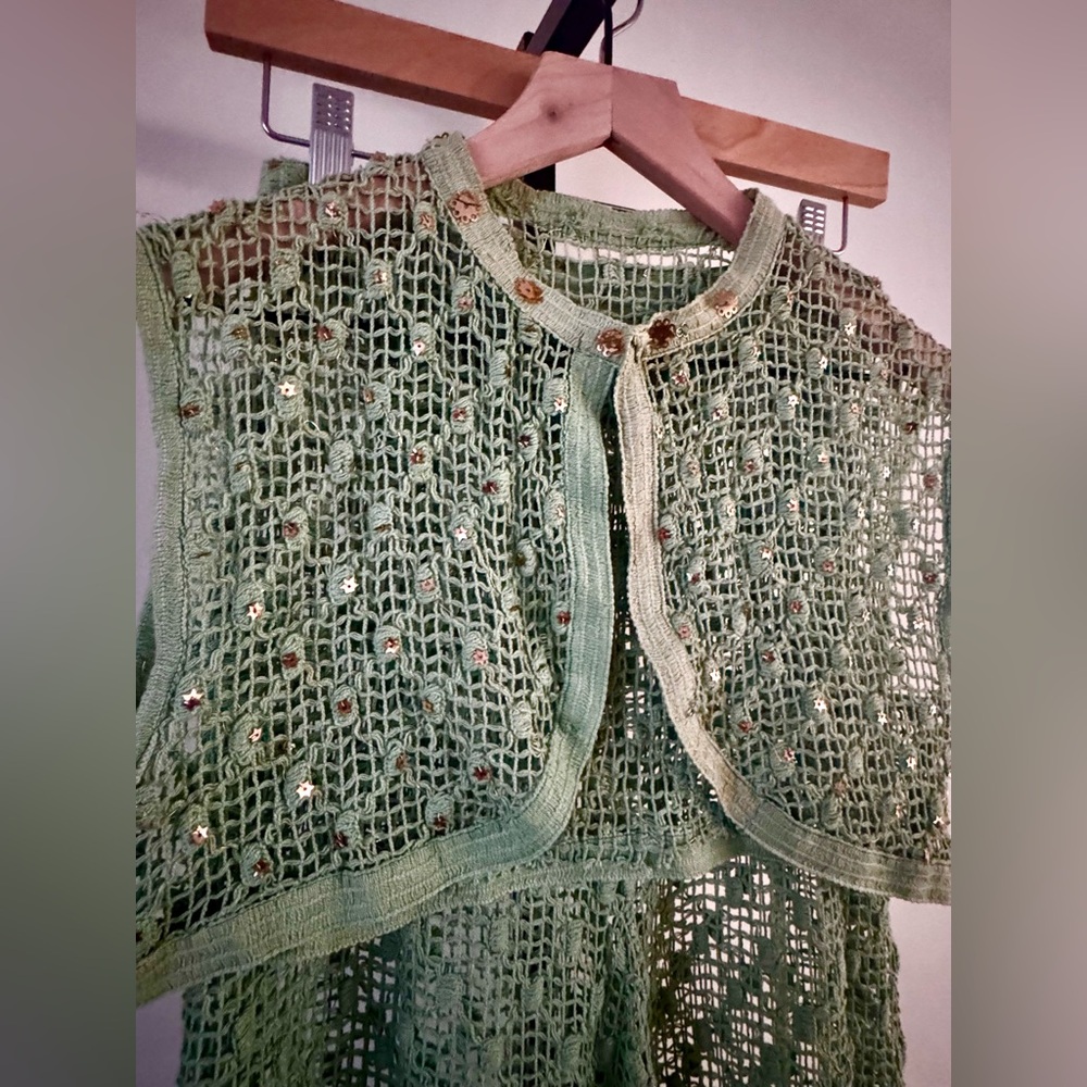 True Vintage 1930s Crochet Set Seafoam Green Gold Harem Balloon Pants - Picture 3 of 7